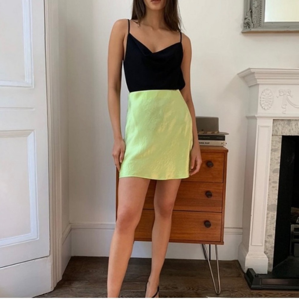 Aritzia Babaton Neon Green Yellow Satin Silk Mini Slip Skirt Elastic Waistband